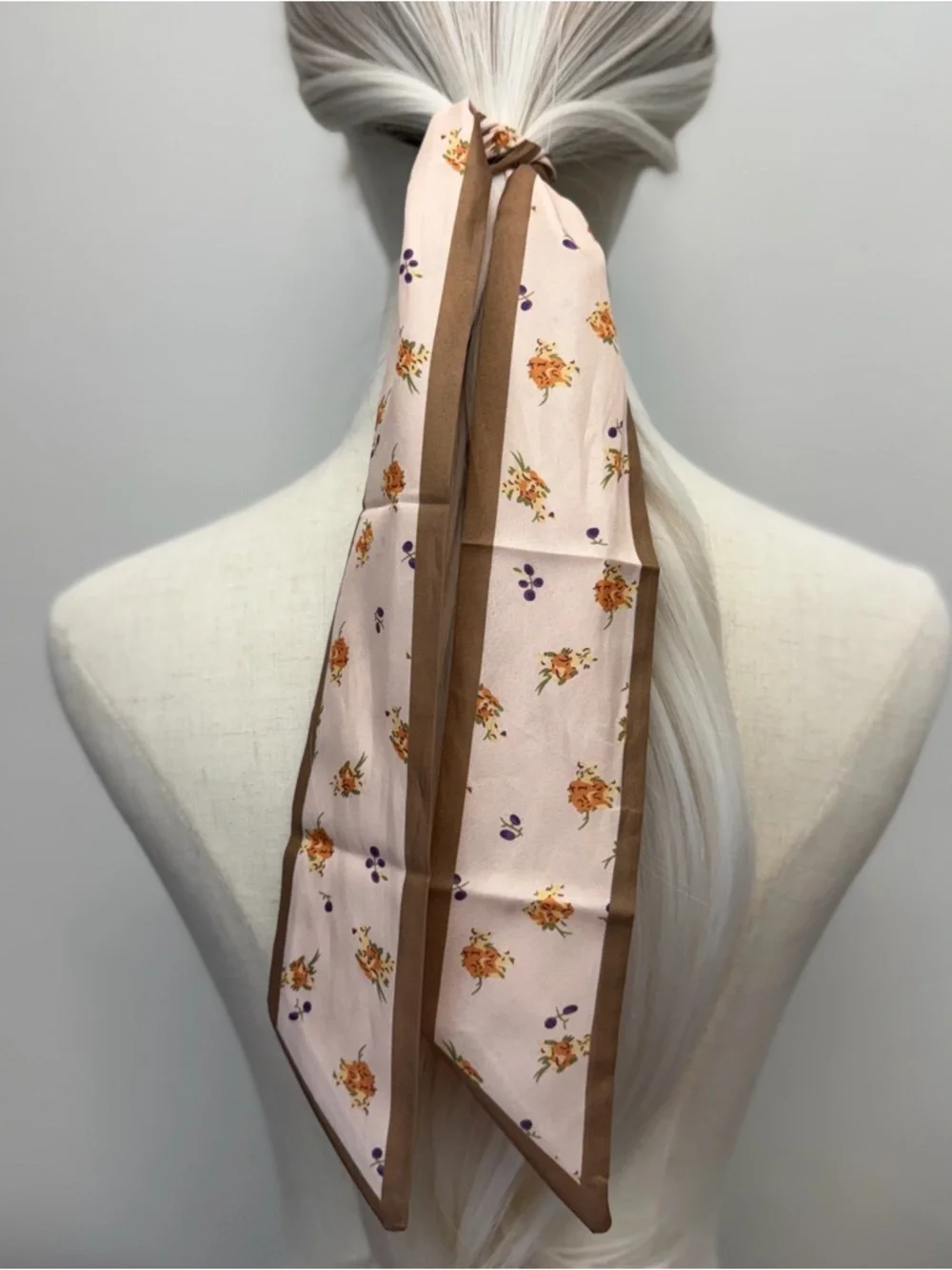 Blush Pink Floral Skinny Scarf Brown Trim Twilly Hair Tie Neck Scarf